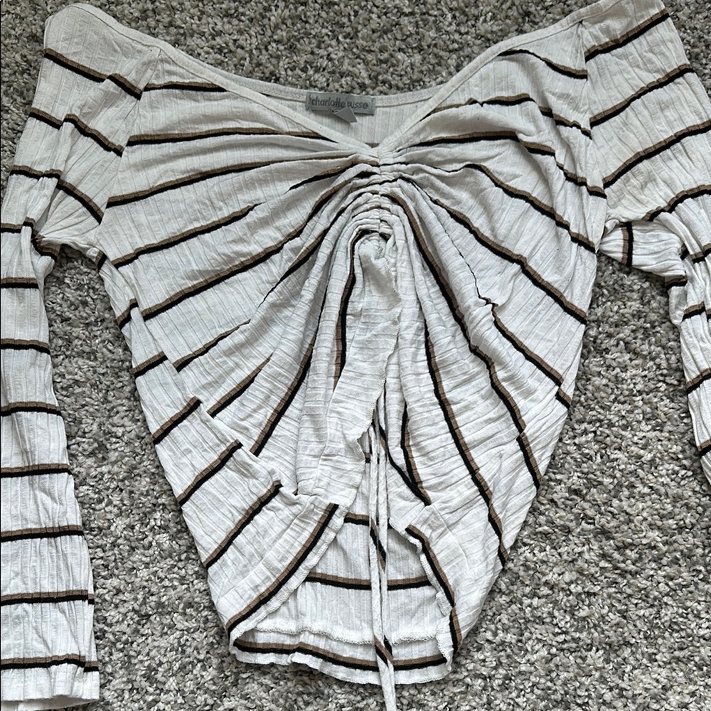 Striped White and Brown Ruched Top